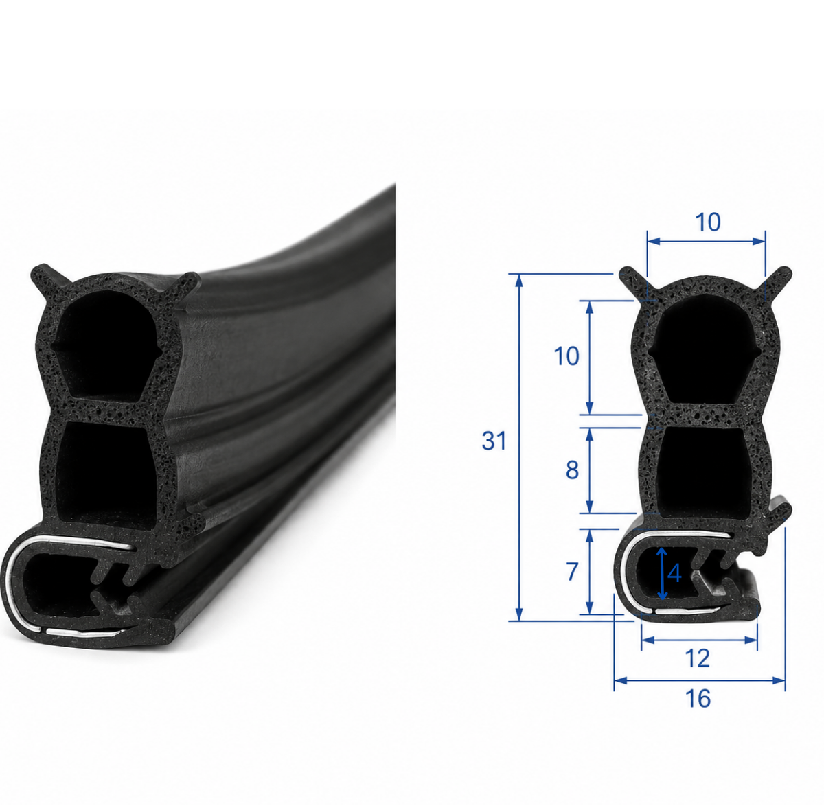 Dörrlist för buss, van EPDM armerad – dubbelkammare, profil 31x16 mm